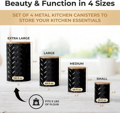 Pebble & Stem® Black Metal Canister Set for the Kitchen Counter, Food Canister Set of 4, Airtight