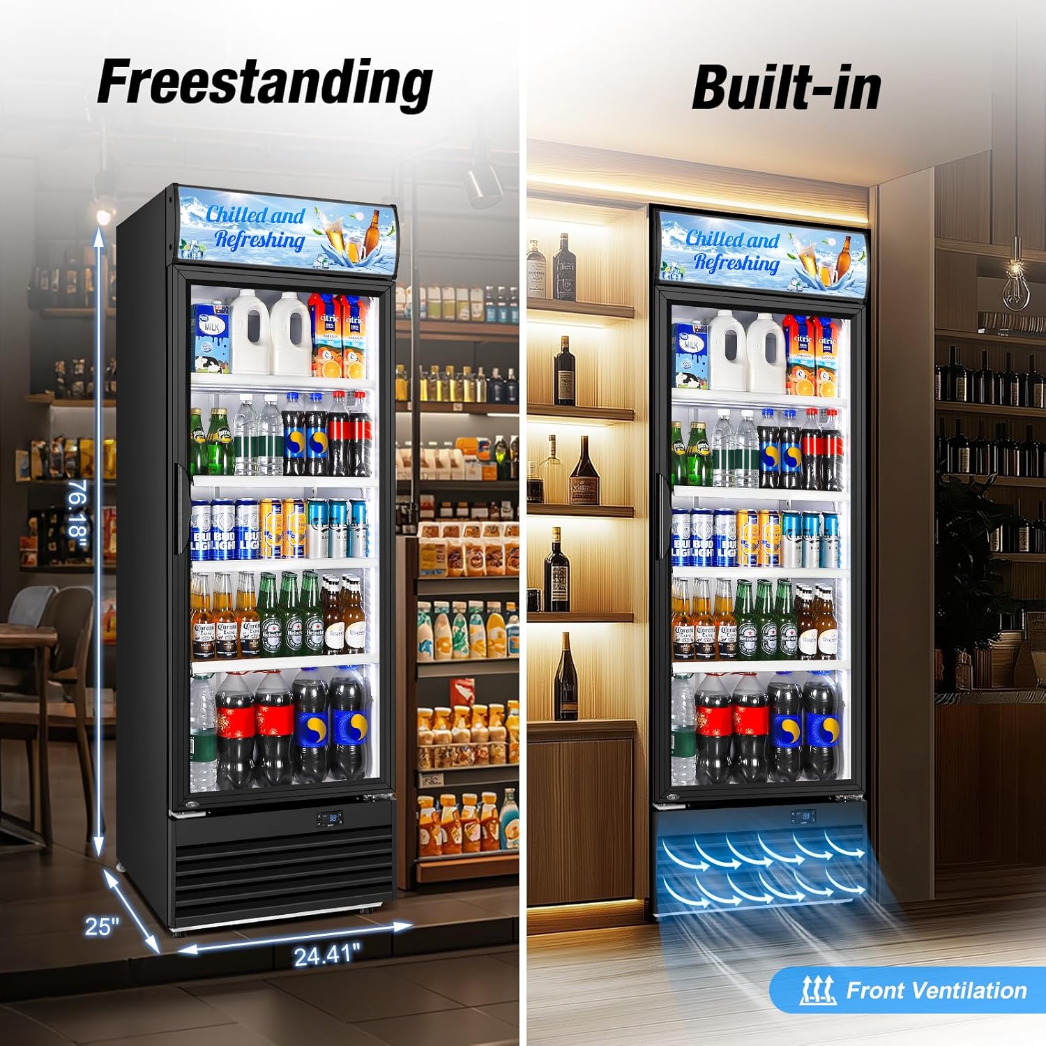 Commercial Beverage Refrigerator, 24 Inch Beverage Fridge, 15 Cu. Ft. Drink Fridge, Display