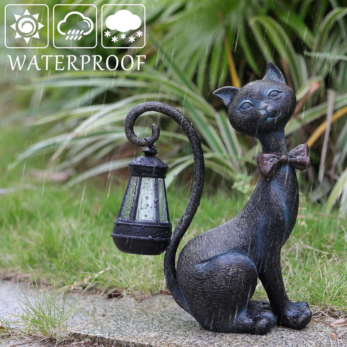 Whimsical Outdoor Cat Statues with Solar Garden Lantern:Cat Garden Statues for Outside Fall Decor