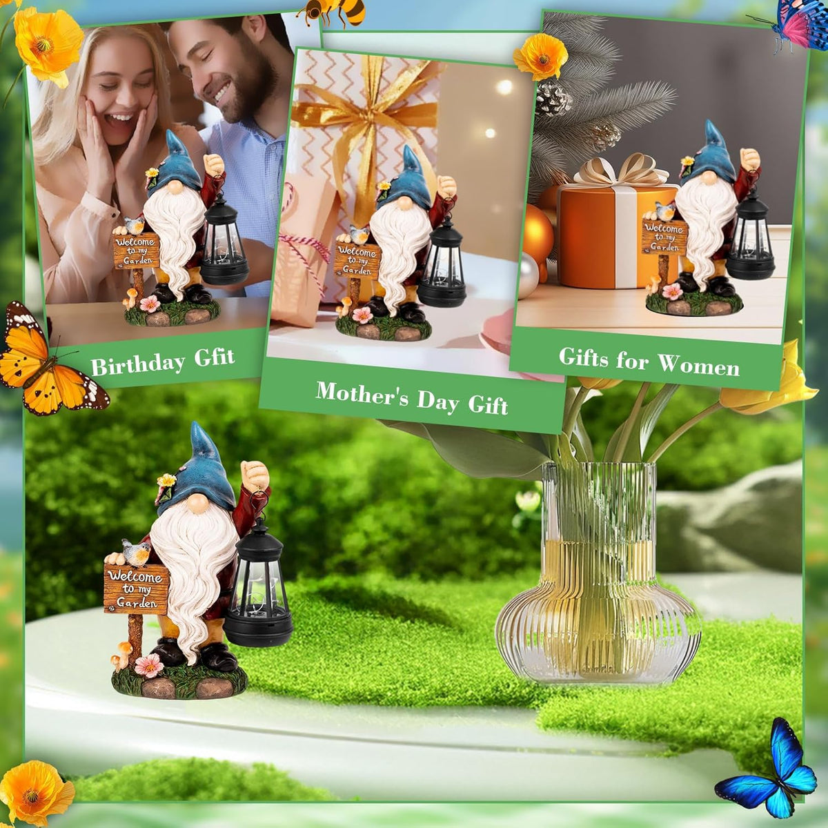 Garden Gnome Statues Figurine Lights - Solar Powered Lighting Outdoor Decorations with Lantern &
