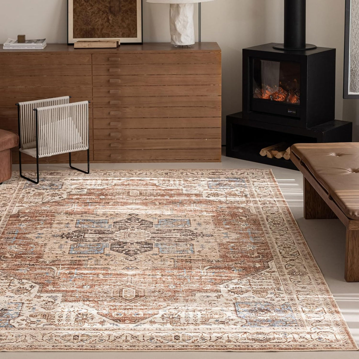 5'x7' Area Rug - Vintage Persian Medallion Design Low-Pile Faux Wool Rug, Non-Slip Backing, Machine