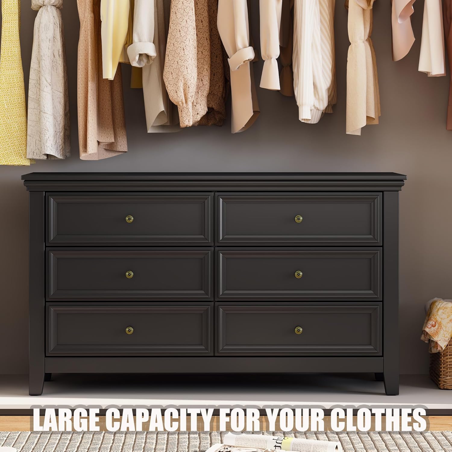 BLANKSPACE Black 6 Drawer Dresser, Modern Dresser for Bedroom, Wood Drawer Organizer with Metal
