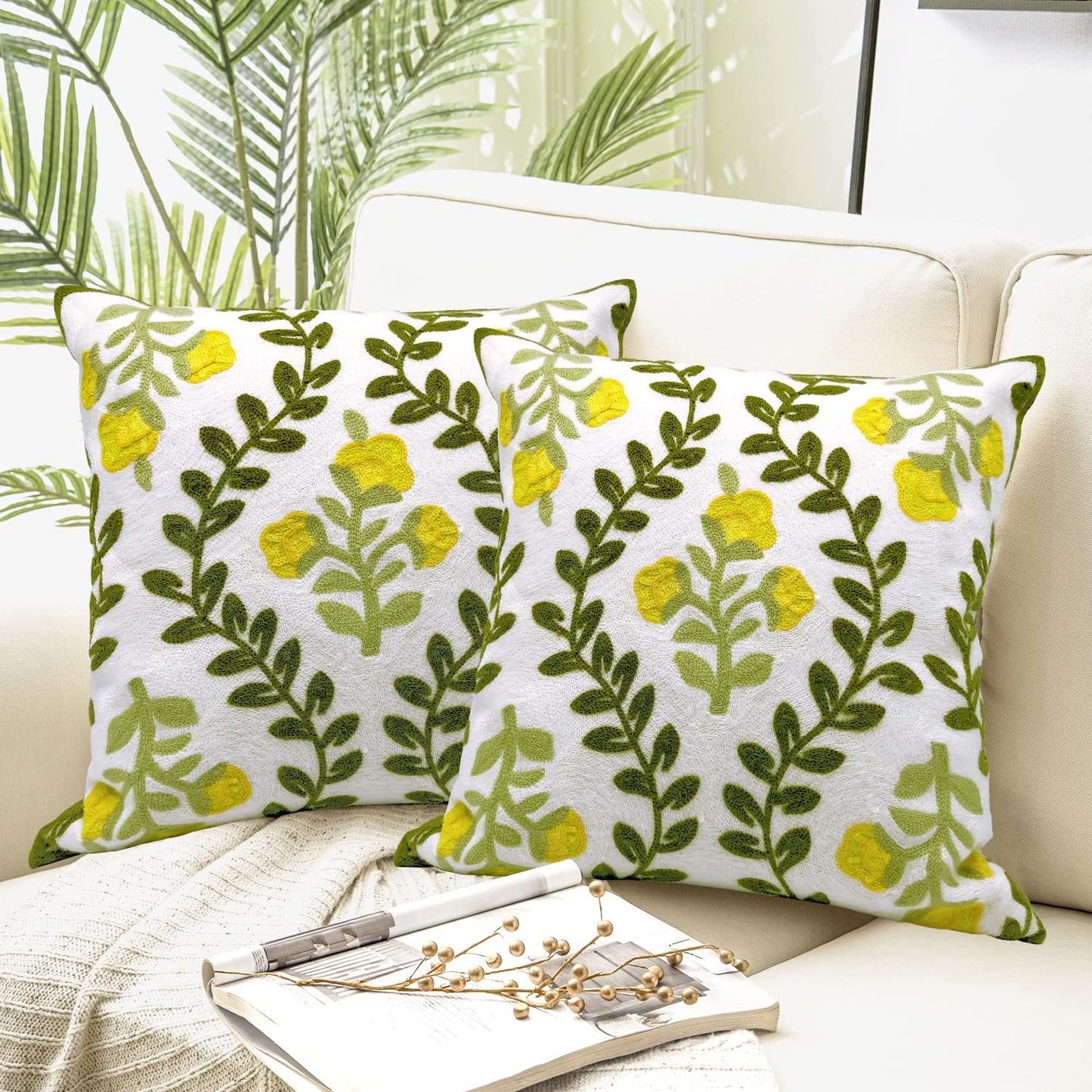 Alysheer Floral Embroidered Summer Decorative Throw Pillow Cover 18"x 18" Set of 2, Farmhouse