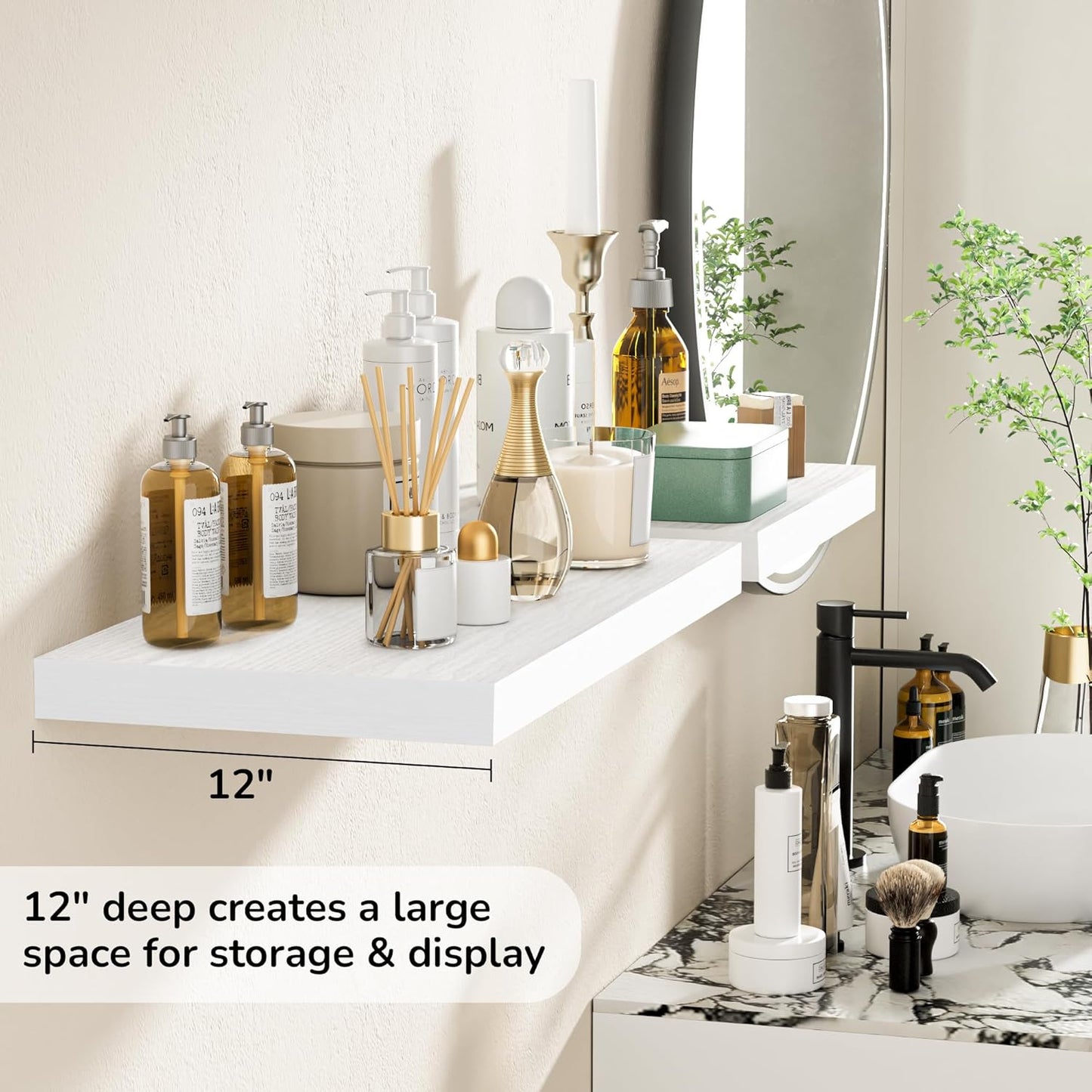 Fun Memories Floating Shelves - 2 Pack 12 Inch Deep Rustic Wooden Wall Shelves - Extra Deeper &