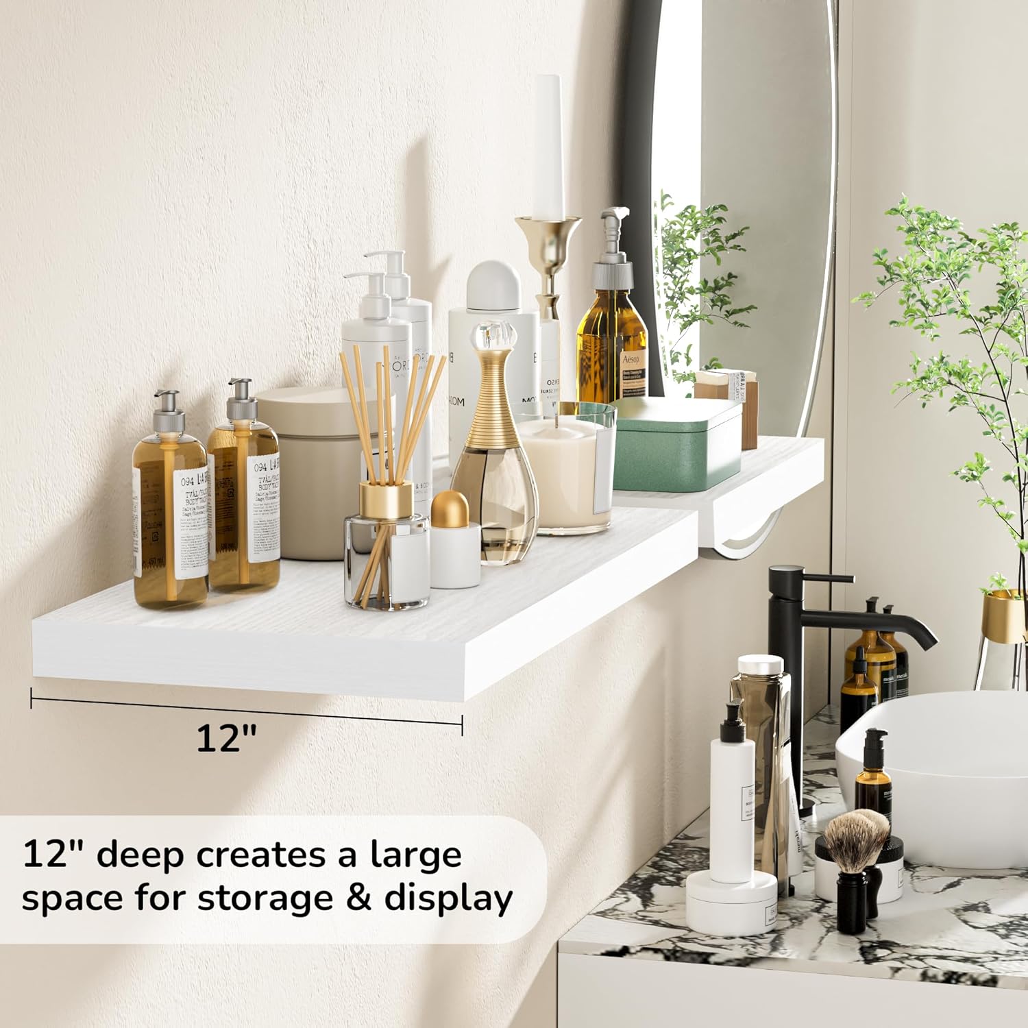 Fun Memories Floating Shelves - 2 Pack 12 Inch Deep Rustic Wooden Wall Shelves - Extra Deeper &