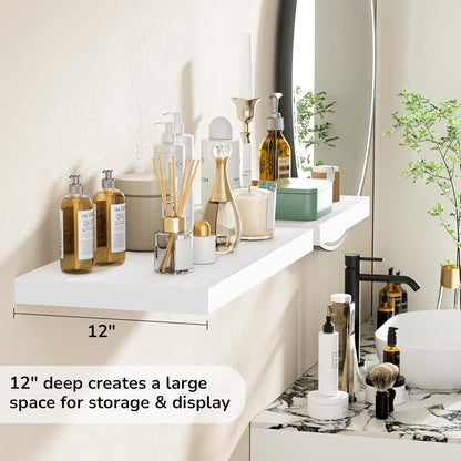 Fun Memories Floating Shelves - 2 Pack 12 Inch Deep Rustic Wooden Wall Shelves - Extra Deeper &