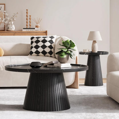 win2win Nesting Coffee Table Set of 2, Modern Coffee Table with Marble Veneer, Fluted Round Tea