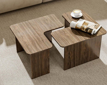VESCASA Modern L Shaped Nesting Coffee Table Set of 2 Modular Rectangle Walnut Wood Table for