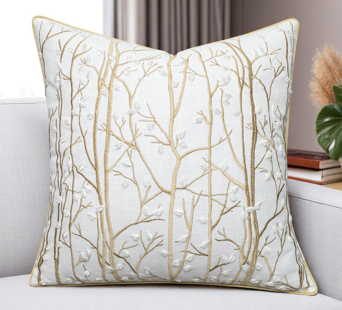 VAGMINE Embroidered Forest Throw Pillow Cover - 20x20 Inches Square - 100% Cotton Ivory Decorative