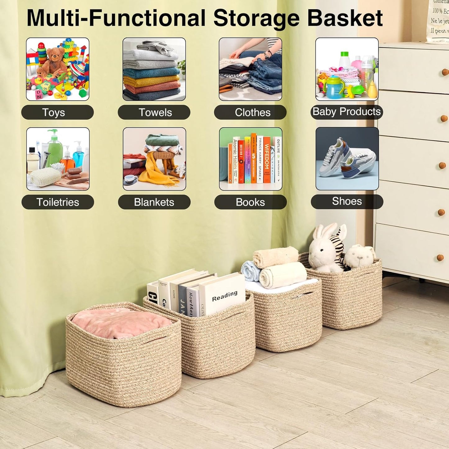 Small Storage Baskets for Shelves Organizing, Woven Cotton Rope Baskets for Storage, Book Basket