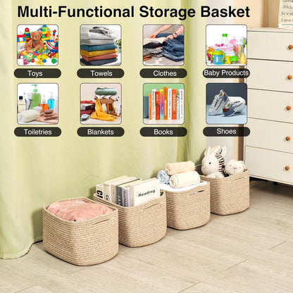 Small Storage Baskets for Shelves Organizing, Woven Cotton Rope Baskets for Storage, Book Basket