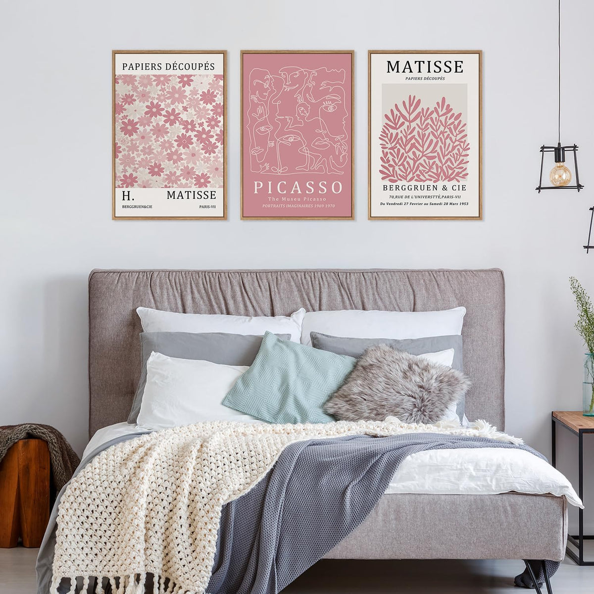 HLNIUC Matisse Pink Wall Art,Neutral Pink Flower Framed Canvas Wall Decor Set of 3(16”x24’) Modern