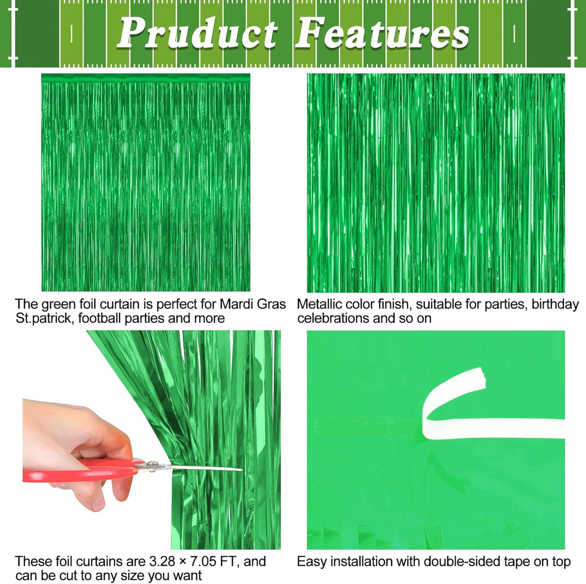 12 Pack Party Decorations, 3.28 FT x 7.05 FT Green Streamer, Metallic Birthday Backdrop Foil Fringe