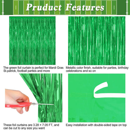 12 Pack Party Decorations, 3.28 FT x 7.05 FT Green Streamer, Metallic Birthday Backdrop Foil Fringe