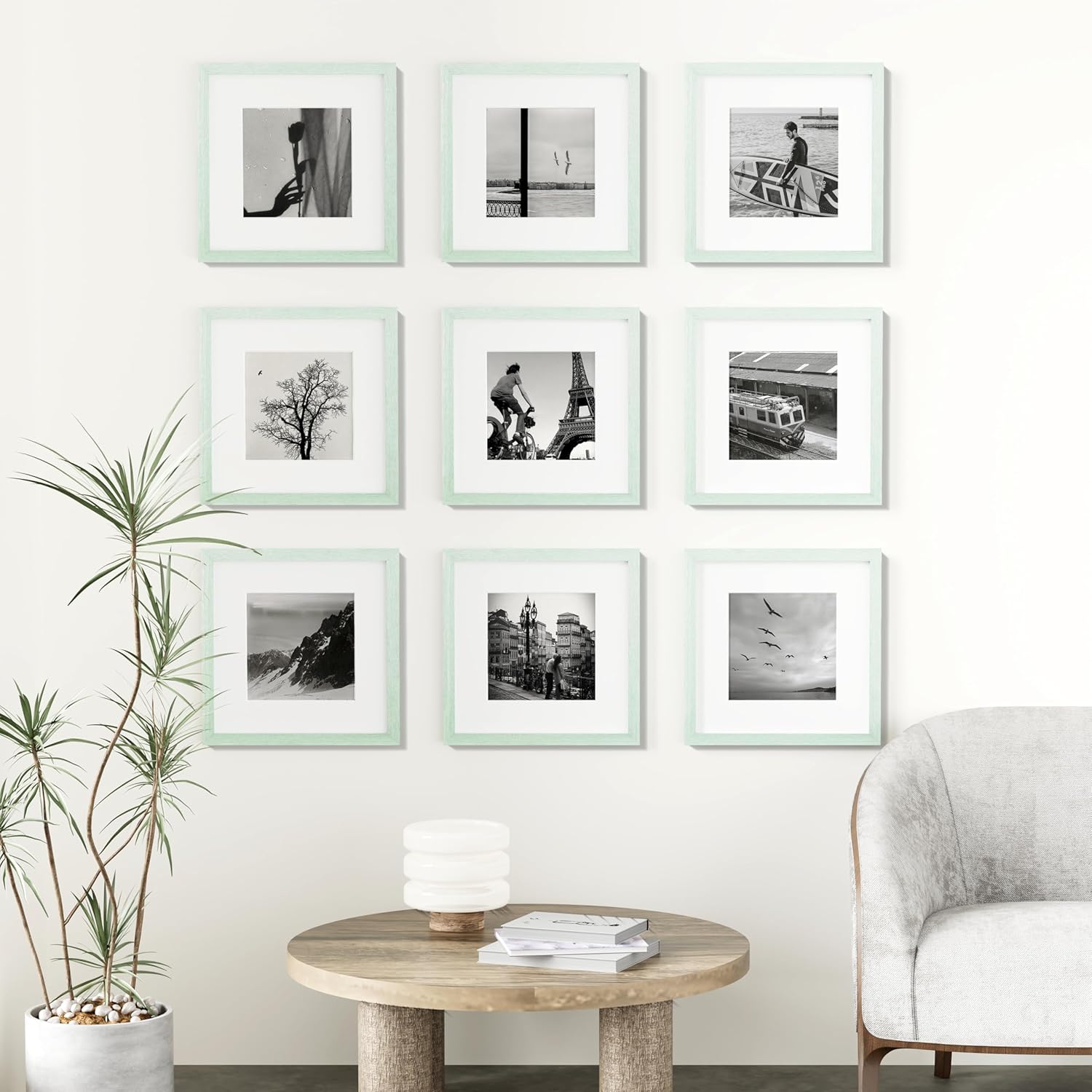 Vittanly 12x12 Picture Frames Set of 9, Shatter Resistant Plexiglass, Display 8x8 Pictures with Mat