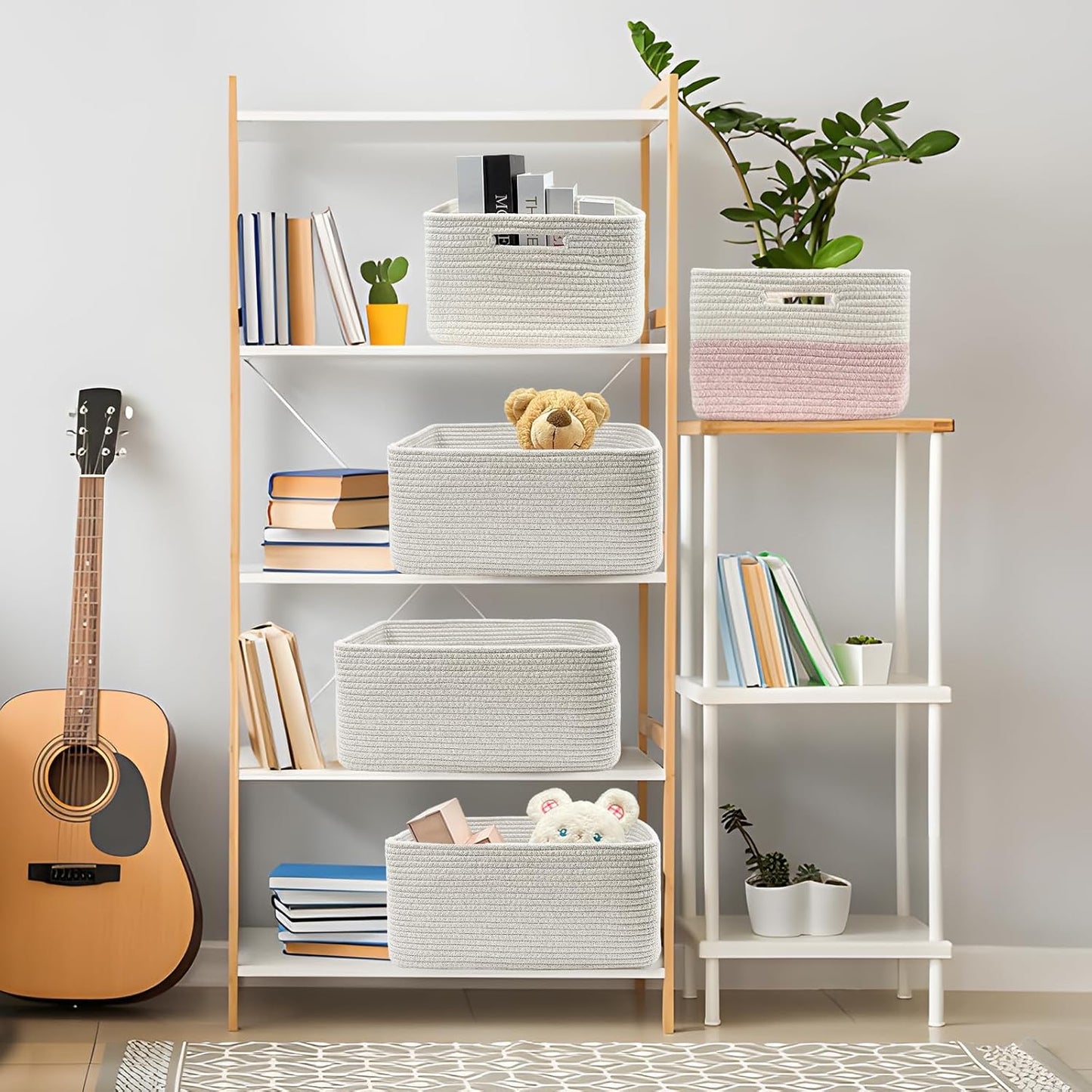 COMFY-HOMI Cotton Rope Woven Basket with Handles for Shelves,Toys,Book, Cloth Storage Baskets for