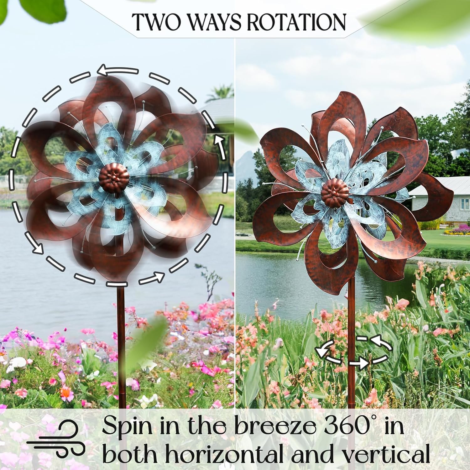 Garden Wind Spinner,Flower Wind Spinner,Outdoor Metal Wind Sculpture & Spinner Large 23 inch Dia 84