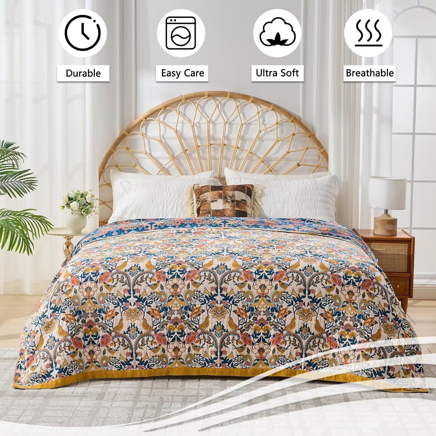 Fall Boho Throw Blanket for Bed, Muslin Reversible Blanket Washable Breathable,100% Cotton