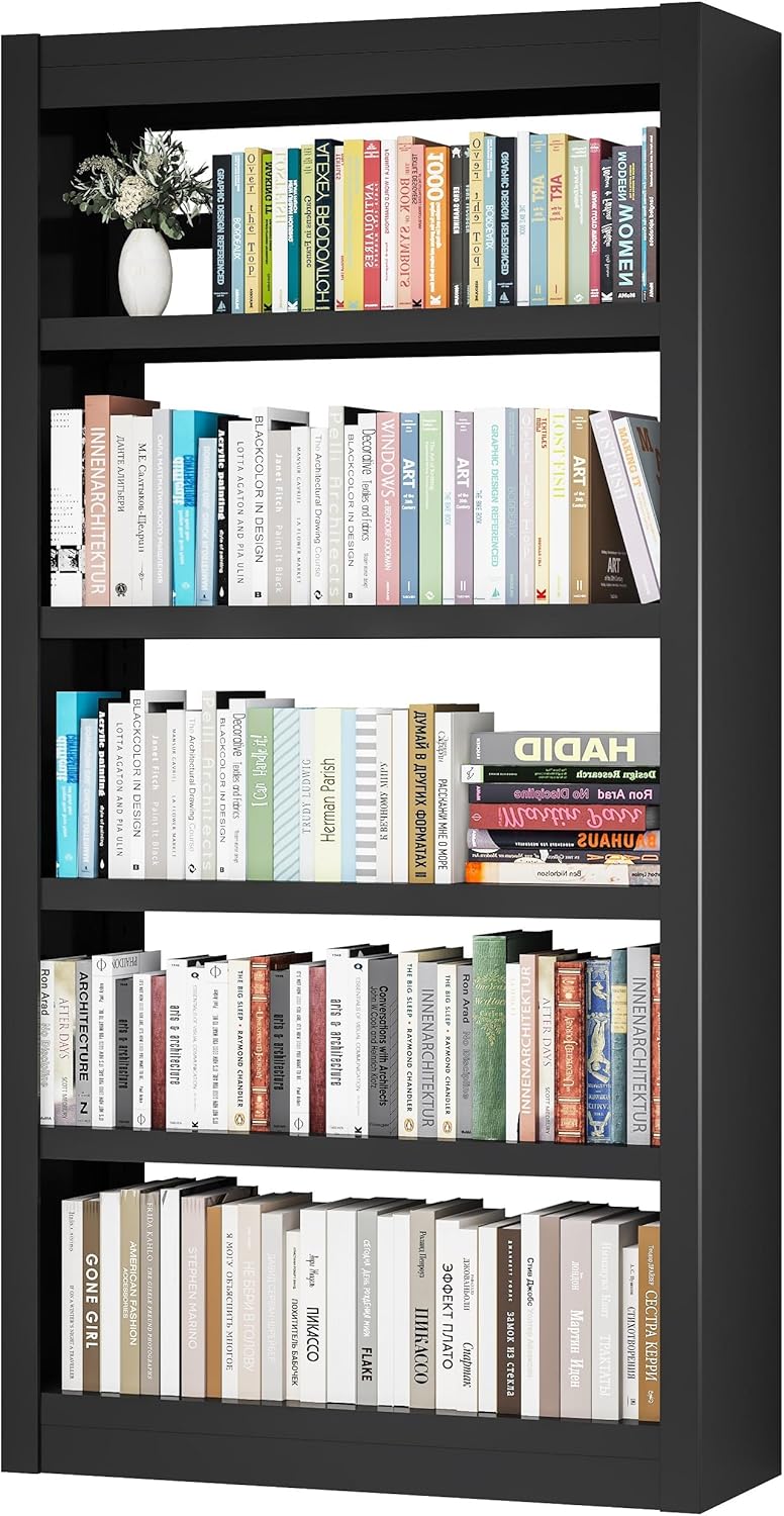 Metal Bookshelf Adjustable - 61" Tall Black Bookcase, 5 Tier Book Shelf, Tooless Assembly Book