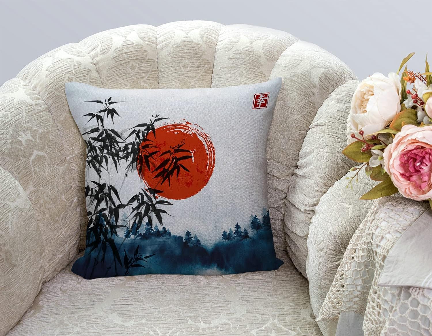 TSSOHU Throw Pillow Cover Japanese Bamboo Pillow case Asian Ink Painting Black Tree Stems Red Sun