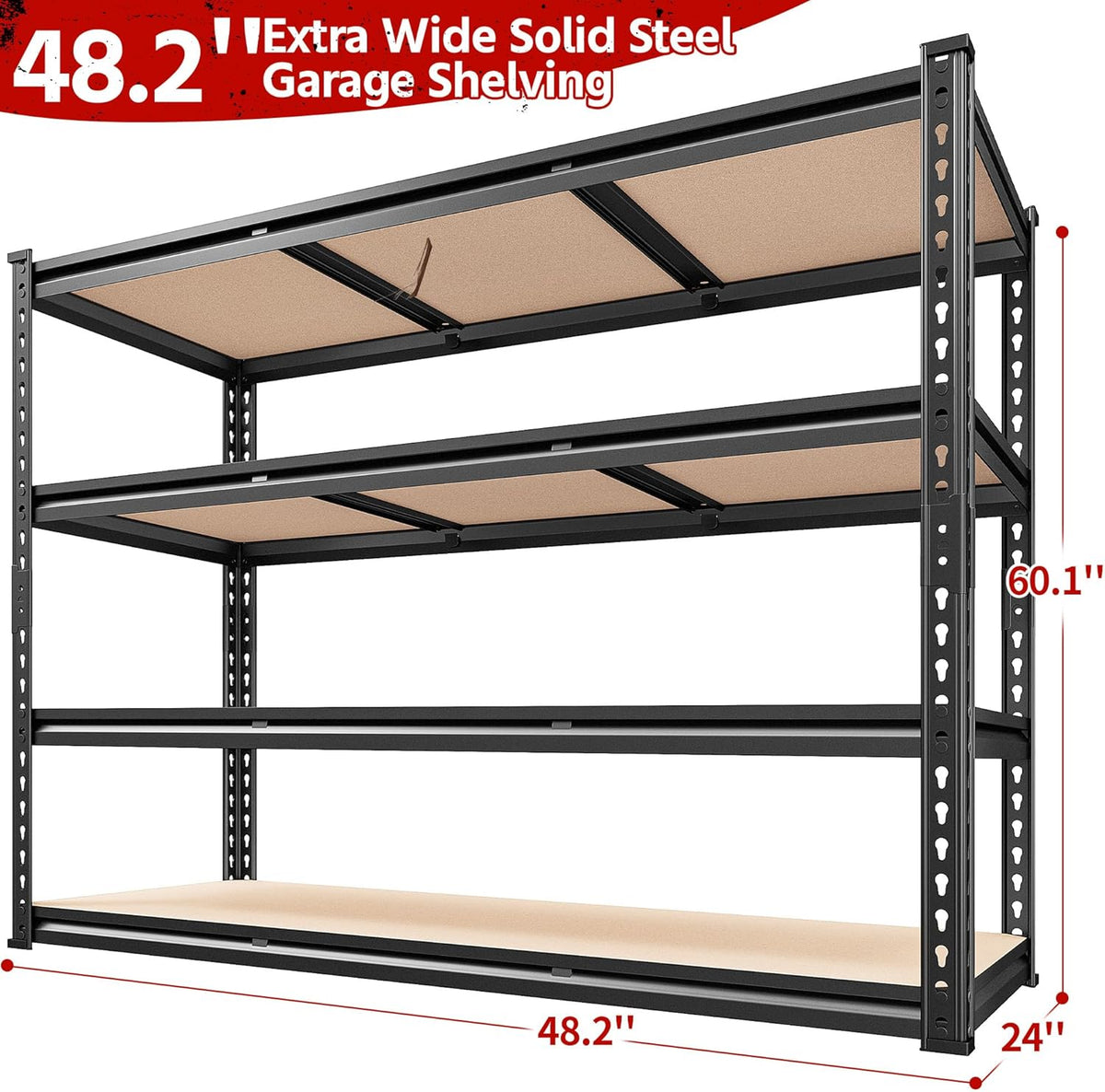 REIBII 48.2" W Garage Shelving, Storage Shelves Load 2600LBS, 4-Tier Adjustable Heavy Duty Metal