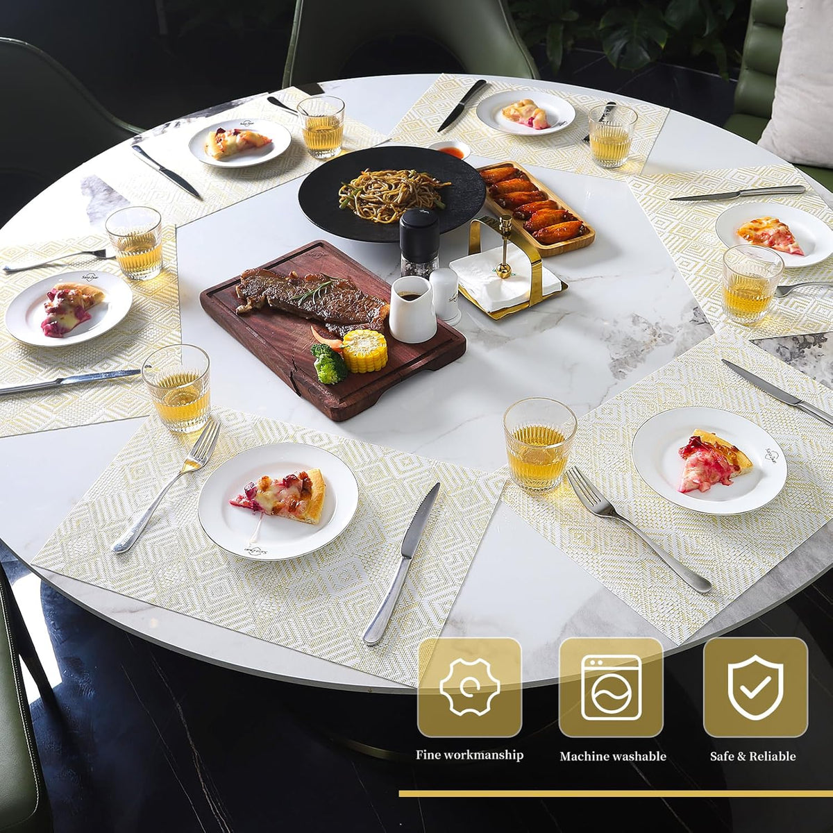 Vinyl Plastic Placemats Set of 6 Washable Heat Resistant Non-Slip Elegant Indoor Outdoor Kitchen