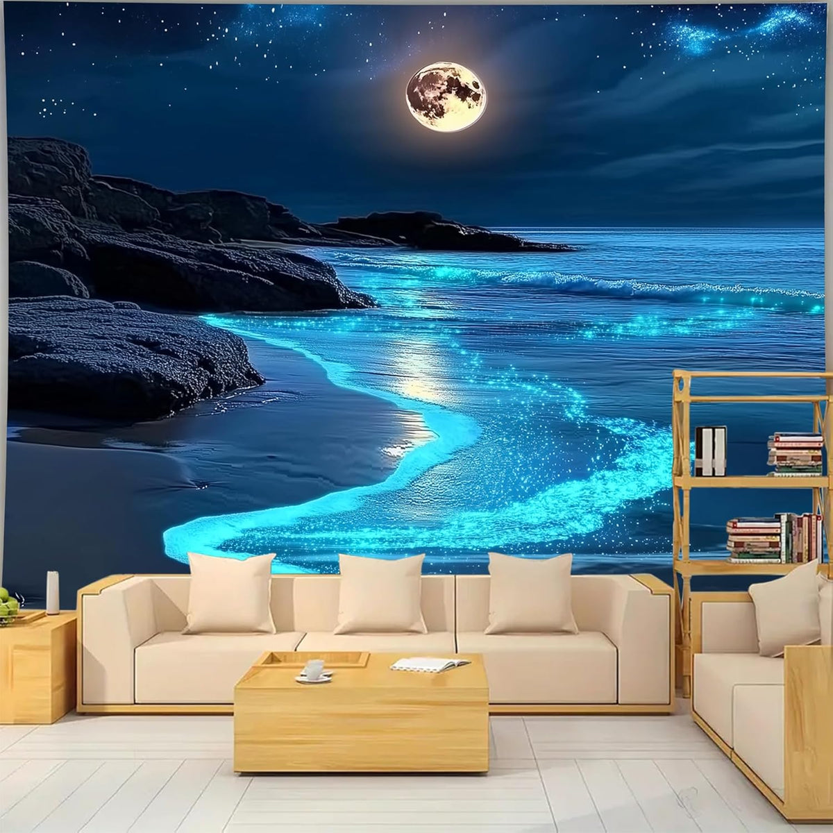 Nature Tapestry Forest Tree Sea Cave Wall Hanging, Stream Through Rainforest Landscape Wall Art