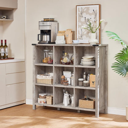 9 Cube Bookcase, Farmhouse 47 Inch Wide Grey Oak Bookshelf, Wooden 3 Tier Display Large Open Book