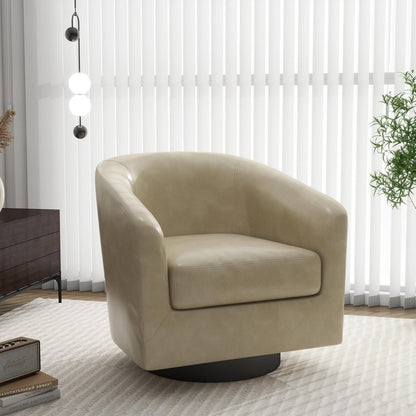 Swivel Barrel Accent Chair, Modern Round Faux Leather Arm Chair for Living Room, Bedroom, Comfy