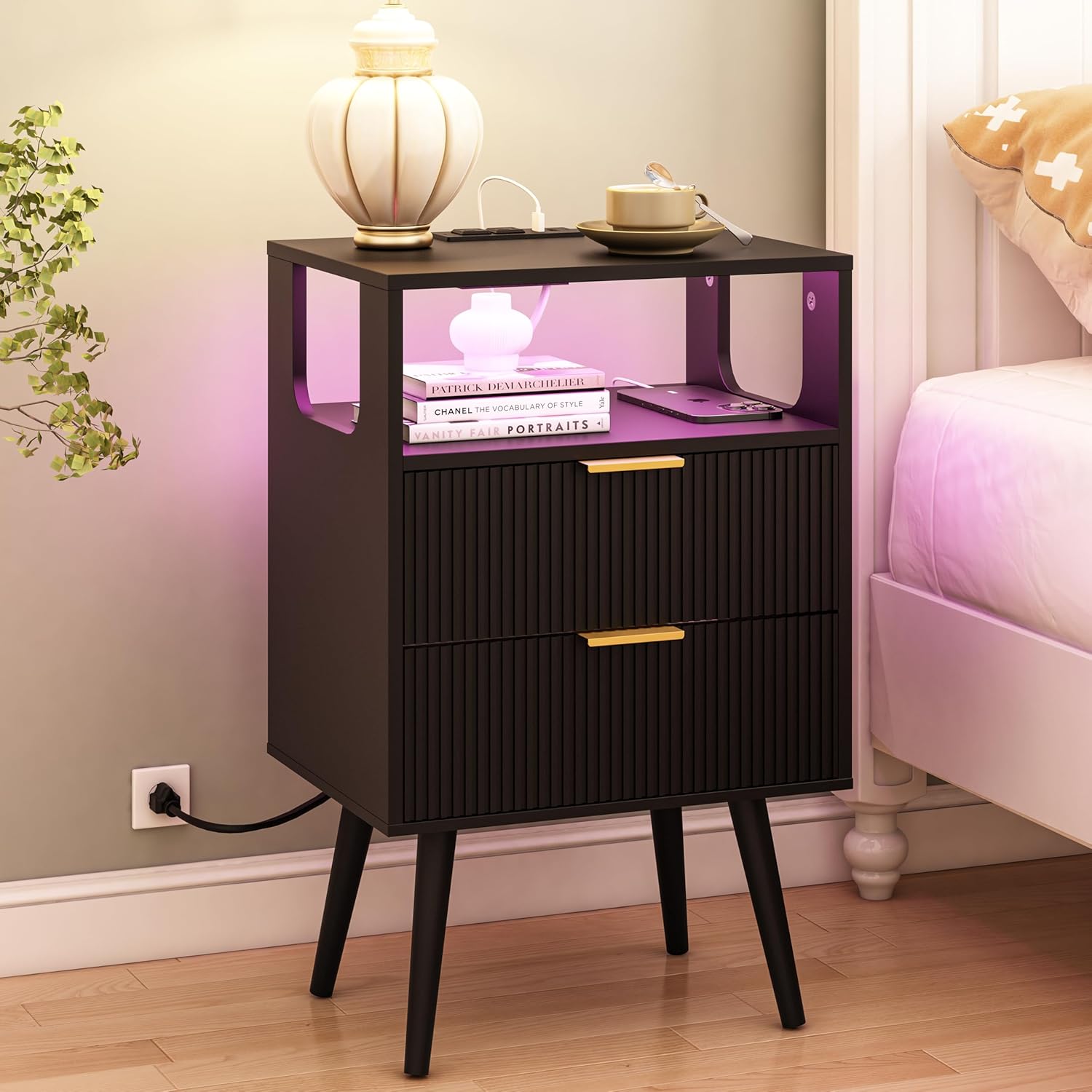 Black Nightstand with Charging Station and LED Lights,Modern Bedside Table with 2 Storage Drawer