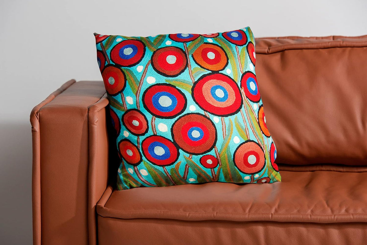 Floral Poppy Pillow Cover - Turquoise Suzani Poppies Accent Chair Cushion - 18x18 Inch Hand