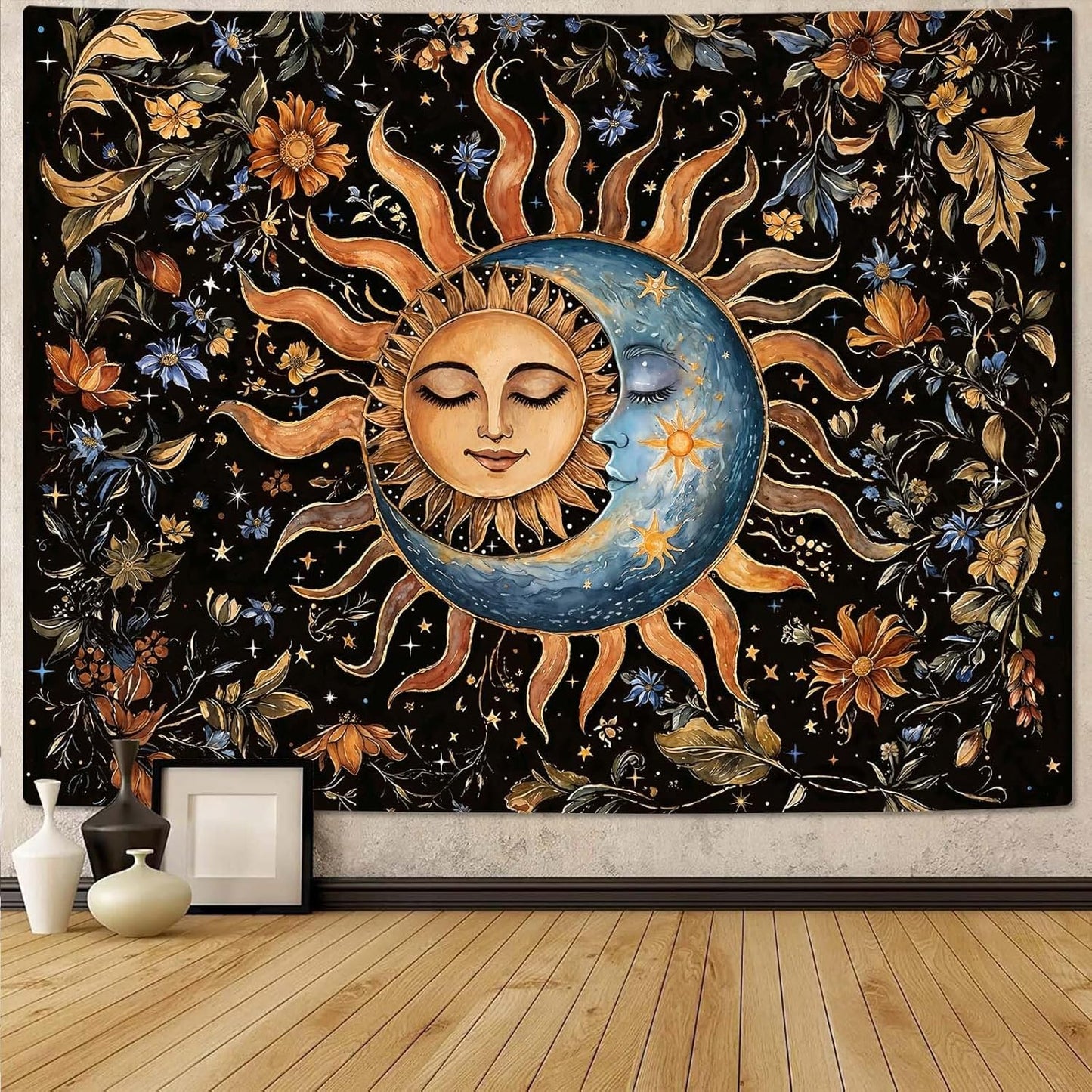Aipon Sun and Moon Tapestry for Bedroom Boho Vintage Floral Hippie Wall Tapestry Aesthetic Retro