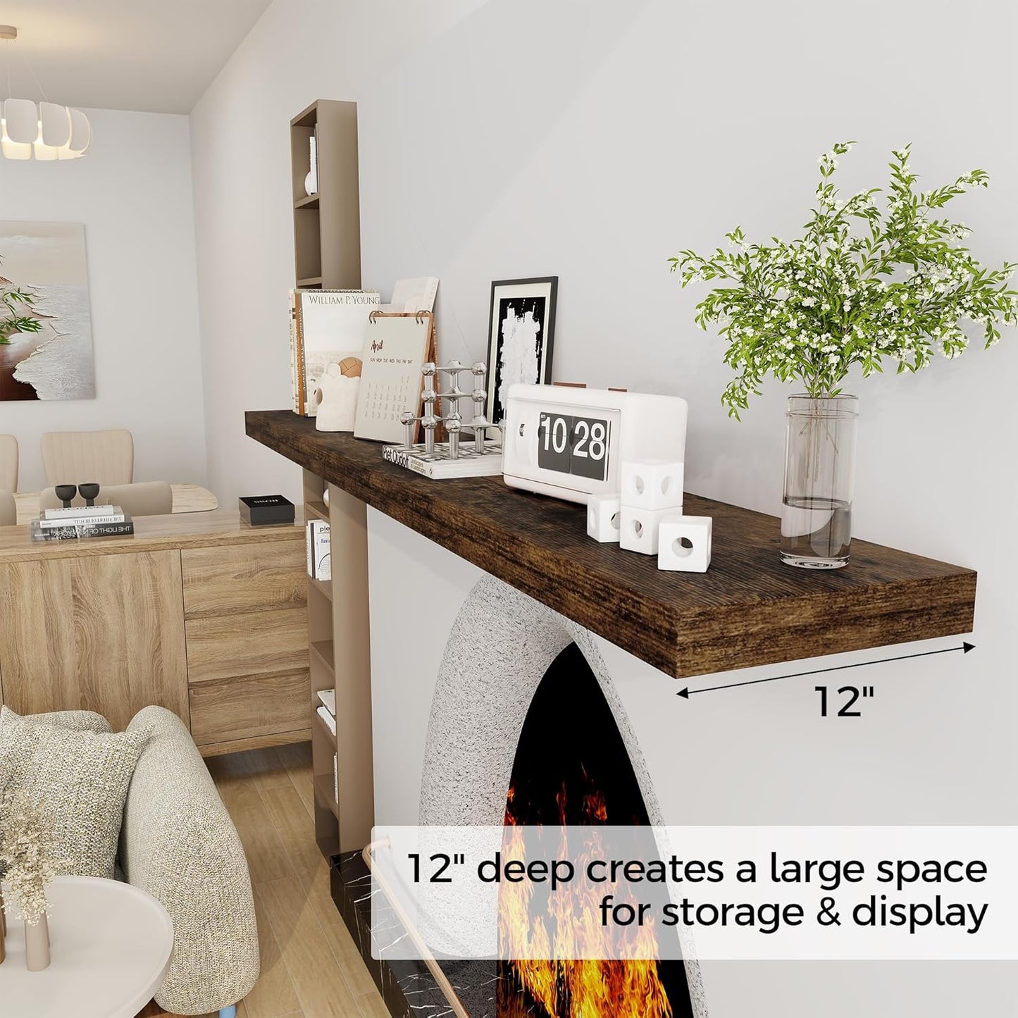Fun Memories 72 Inch Floating Shelf, 12 Inch Deep Wall Shelf for Fireplace Mantel, Deep Storage