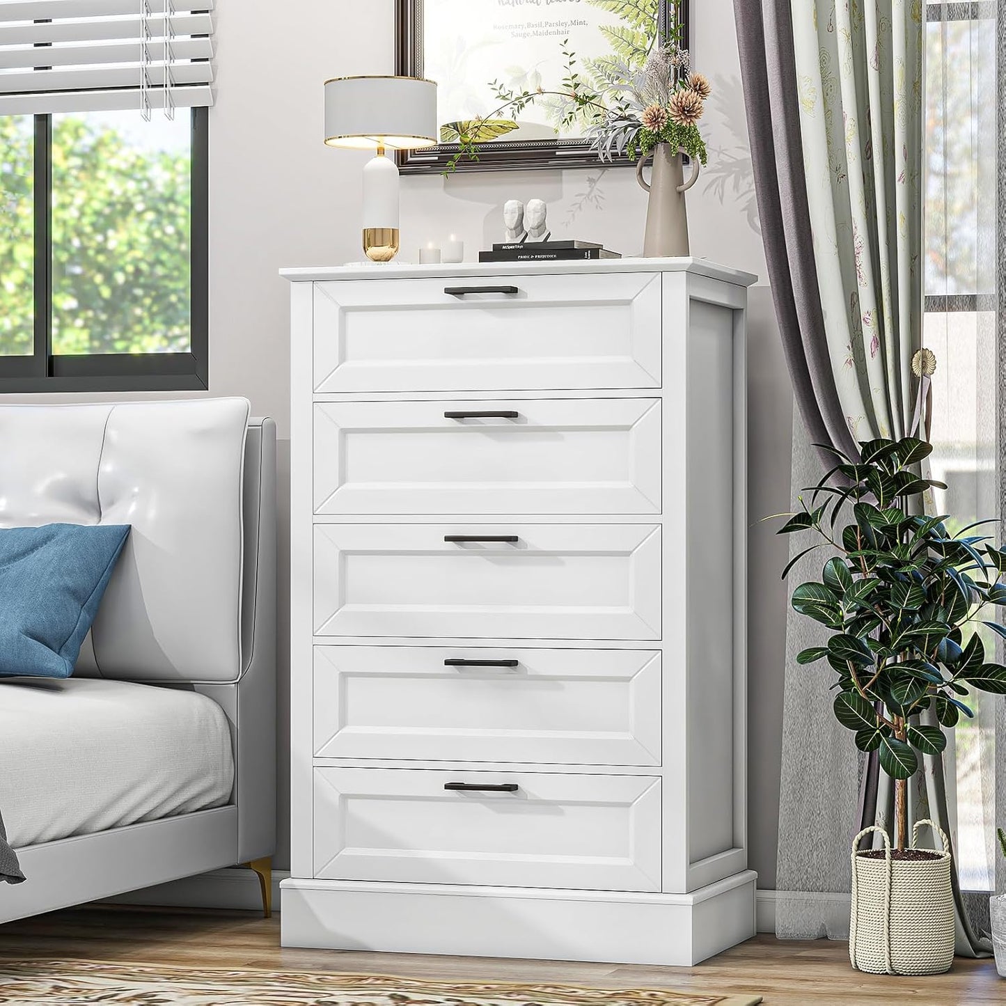 White Dresser for Bedroom, Wood Dresser with 5 Drawers, Chest of Drawer for Bedroom Living Room