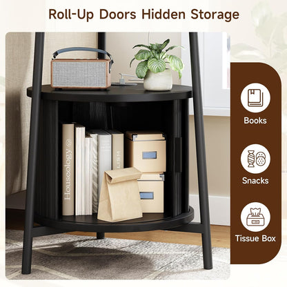 Round Side Table with Storage, Fluted Nightstand with Charging Station, Small Mid-Century Modern