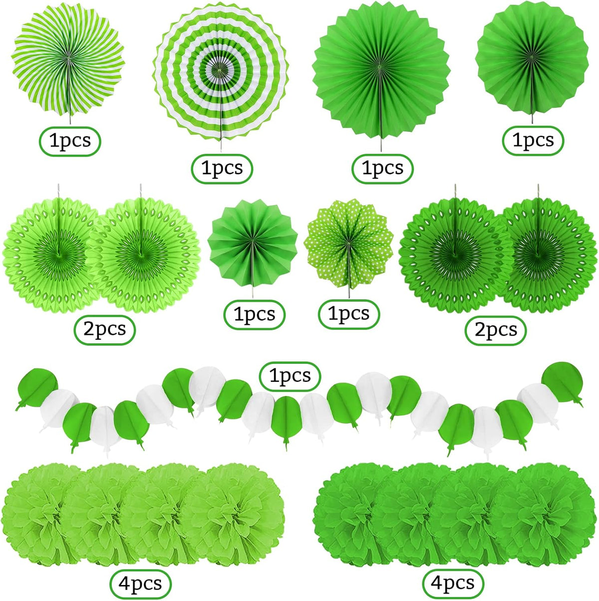 Green Party Decorations, Papar Fans Pompoms Fans Garlands for Birthday Wedding Graduation Summer