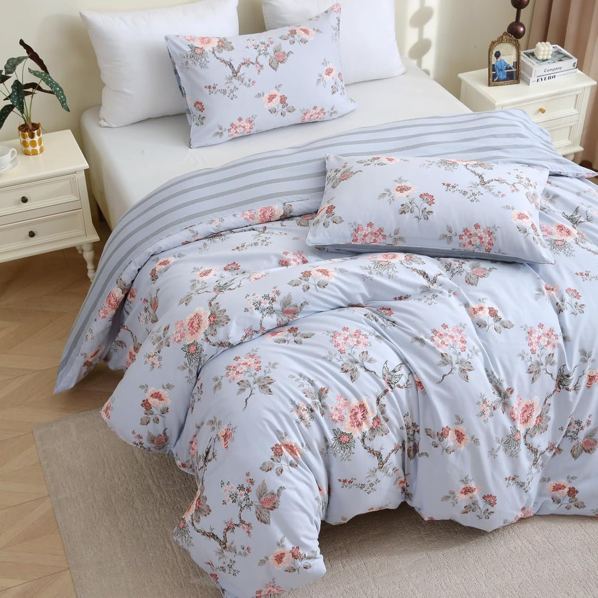 ABREEZE Floral Duvet Cover Queen Size Set Bird Flowers Bedding Set 100% Brushed Cotton Bedding