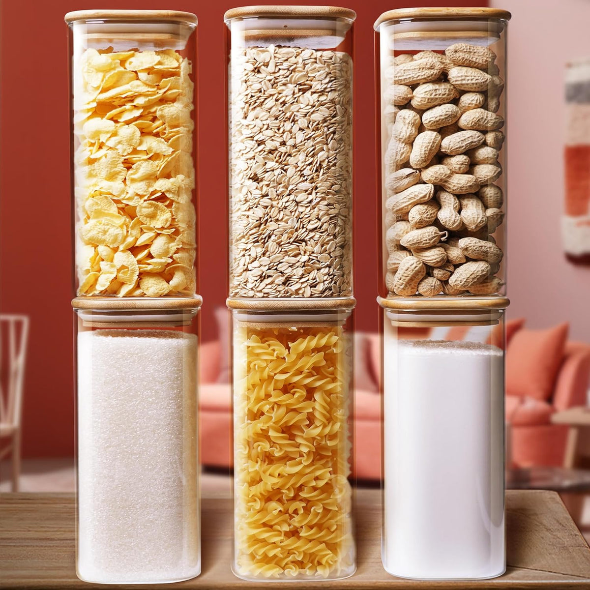 Square Glass Jars with Bamboo Lids 30 FL OZ [Set of 6], Glass Canisters with Airtight Lid, Glass