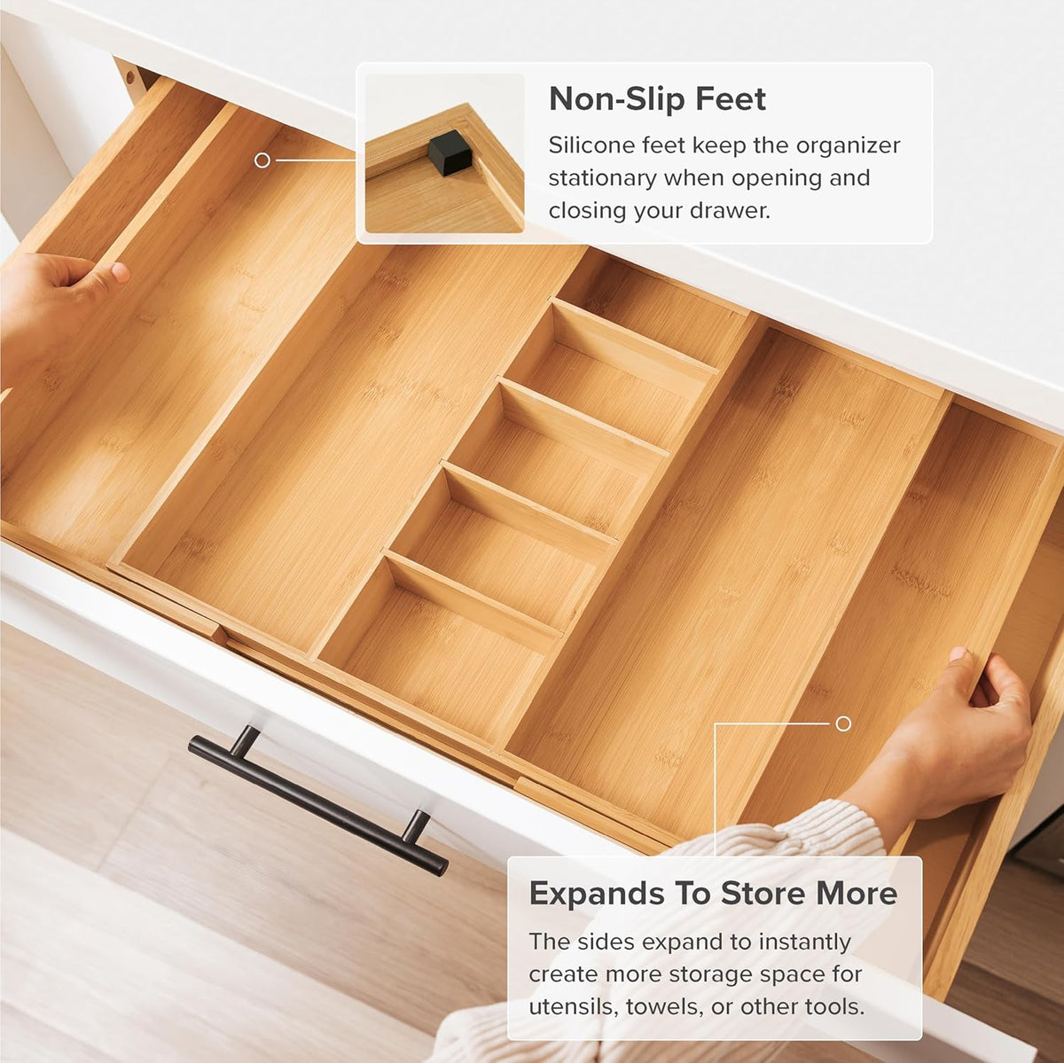Adjustable Kitchen Drawer Organizer for Utensils and Junk, Food-Safe Contract Grade with 100%