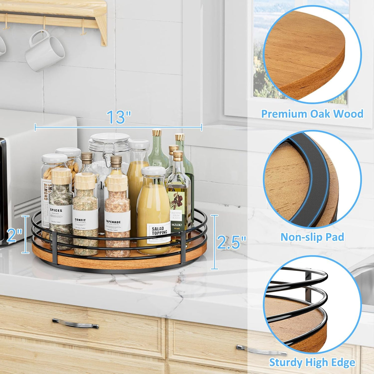 13" Lazy Susan Turntable Organizer - Wood Round Lazy Susan for Cabinet Kitchen Countertop Pantry