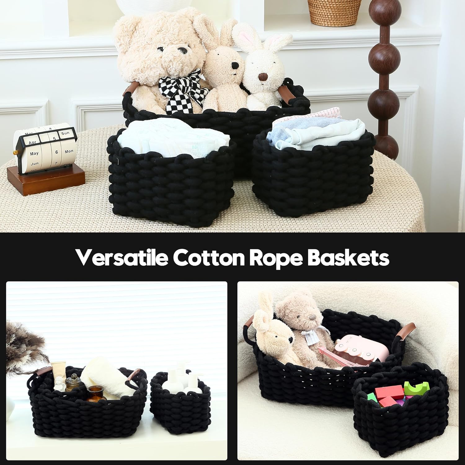 Sea Team 3-Pack Rectangle Woven Cotton Rope Storage Baskets with Handles, Shelf Basket, Closet