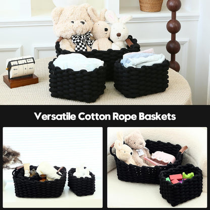 Sea Team 3-Pack Rectangle Woven Cotton Rope Storage Baskets with Handles, Shelf Basket, Closet