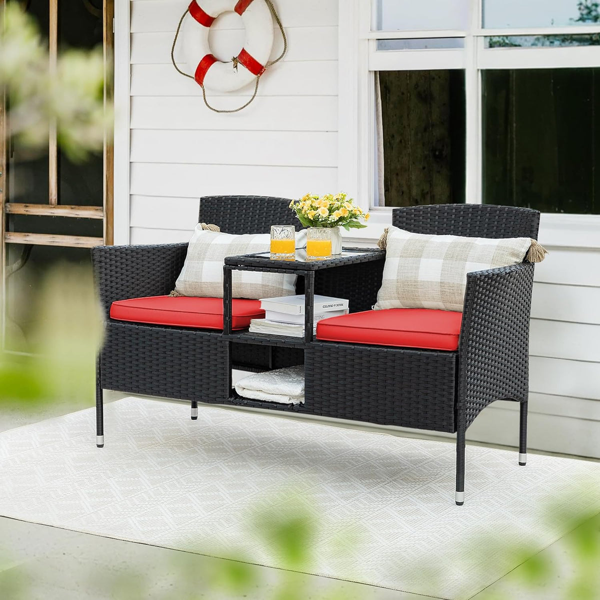 Flamaker Outdoor Furniture Patio Loveseat Wicker 2-Seat with Built-in Table and Cushions Rattan