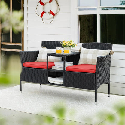 Flamaker Outdoor Furniture Patio Loveseat Wicker 2-Seat with Built-in Table and Cushions Rattan