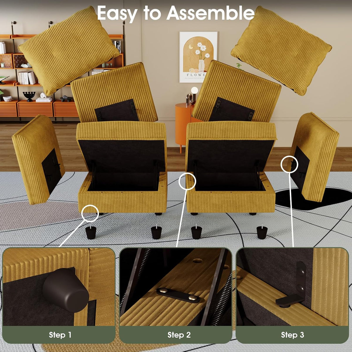 LLappuil Modular Sectional Sofa with Storage Seats, Corduroy Convertible Modular U Shaped Sectional