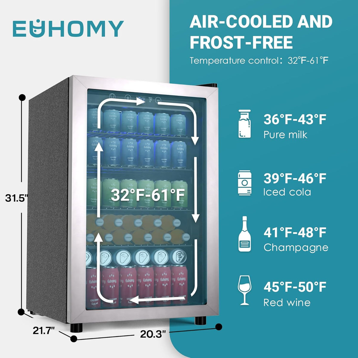 EUHOMY 4.5 Cu.ft Beverage Refrigerator and Cooler, 145 Can Mini fridge with Glass Door for Soda