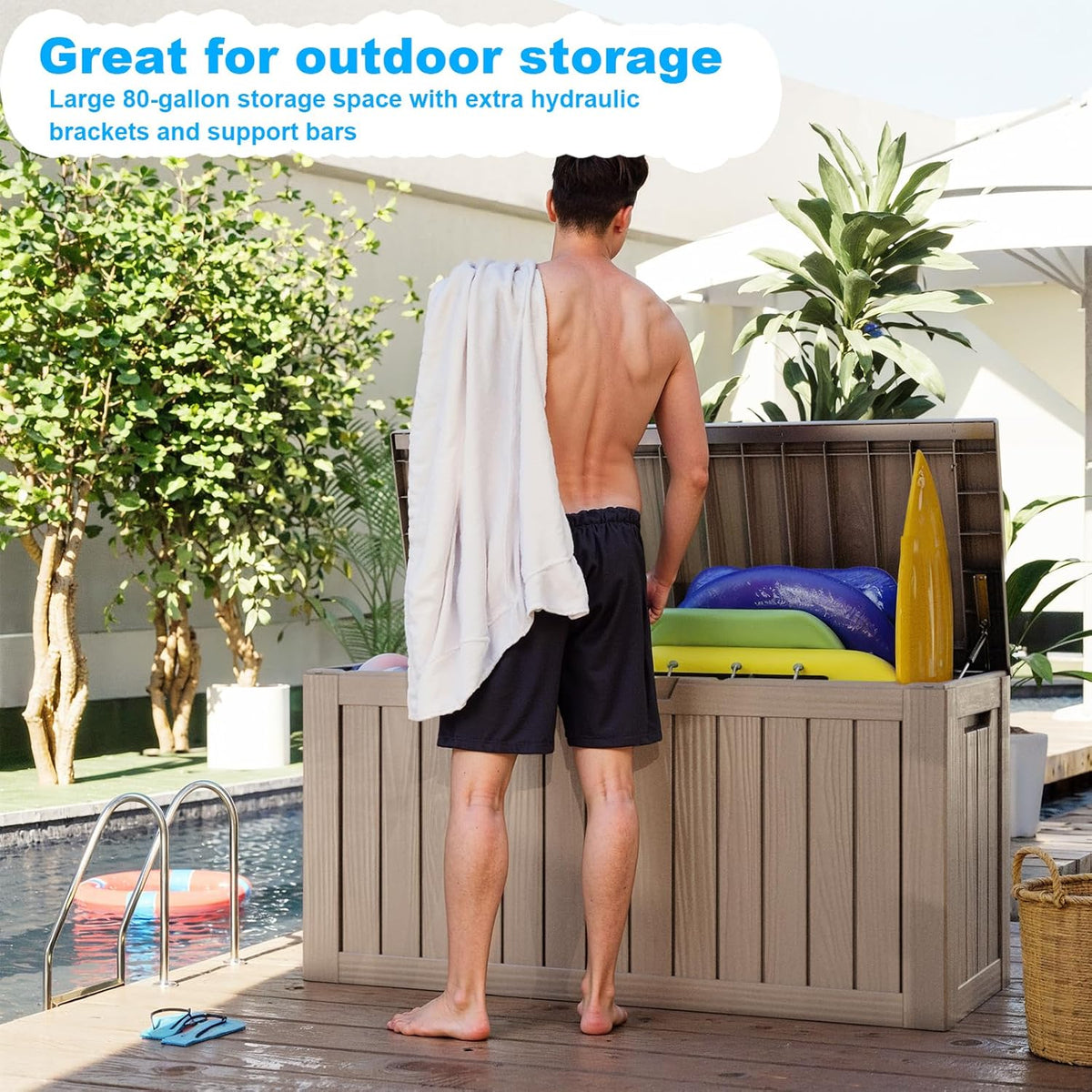 80 Gallon Outdoor Deck Box,Storage Lockable Waterproof Patio Furniture,Garden Tools,Cushions,Pool