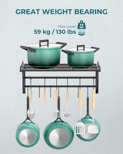 OROPY 23 Inch Wall Mounted Pot Rack Storage Shelf with 2 Tier Hanging Rails 12 S Hooks included