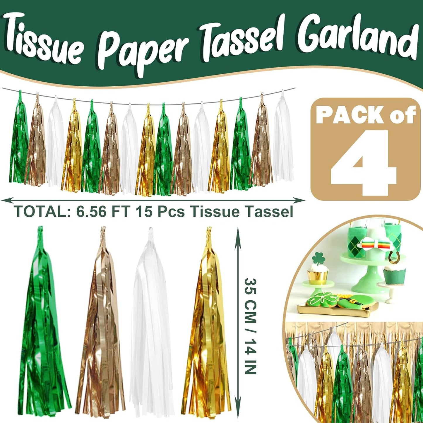 4P Sage-Green Beige-Mint Gold Foil Fringe Metallic Tassel Garland Banner, Tassels Banner Streamers