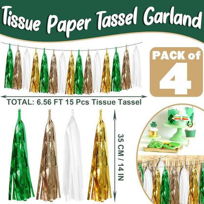 4P Sage-Green Beige-Mint Gold Foil Fringe Metallic Tassel Garland Banner, Tassels Banner Streamers